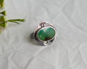 Blue Green Turquoise Ring, Hand Stamped Sterling Silver