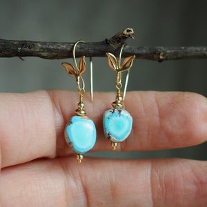 14k Turquoise Earrings, Golden Hills Turquoise Dangle, Lavender Turquoise Nugget, Small Dangle Earrings, Freeform Mismatched Gold Earrings image 4