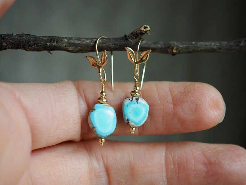 14k Turquoise Earrings, Golden Hills Turquoise Dangle, Lavender Turquoise Nugget, Small Dangle Earrings, Freeform Mismatched Gold Earrings image 4