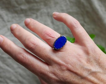 Lapis Lazuli Scalloped Ring with Gold Dots, Mixed Metal Dark Silver & 14k Gold