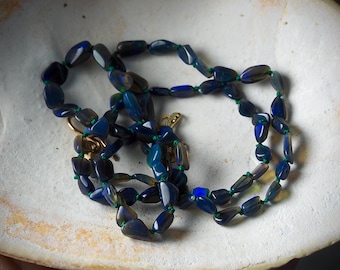 Dark Blue Opal Nugget Necklace Hand-Knotted on Green Silk with Gold Clasp