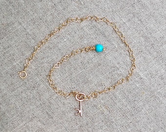 14k Gold Heart Chain Bracelet with Tiny Key and  Turquoise Dangle