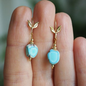 14k Turquoise Earrings, Golden Hills Turquoise Dangle, Lavender Turquoise Nugget, Small Dangle Earrings, Freeform Mismatched Gold Earrings image 7