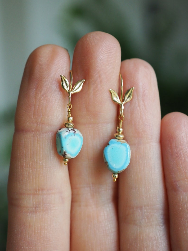 14k Turquoise Earrings, Golden Hills Turquoise Dangle, Lavender Turquoise Nugget, Small Dangle Earrings, Freeform Mismatched Gold Earrings image 7
