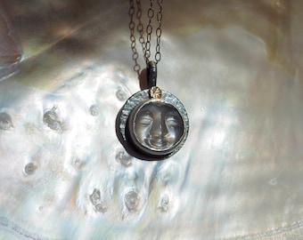 Mixed Metal Luna and Star Pendant, Carved Gray Moonstone Celestial Necklace