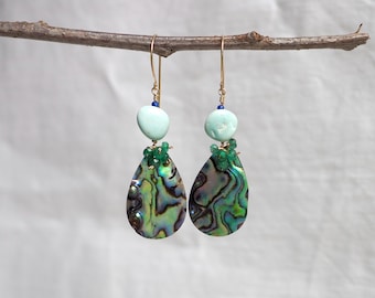 Pale Blue Lone Mountain Turquoise Earrings with Emeralds and Rainbow Abalone Shell Dangles