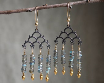 Shimmery Labradorite Chandelier Earrings, Faceted Labradorite, Mixed Metal Earrings, Flashy Blue Labradorite, Fringe Earrings