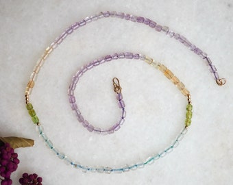 Multi Gem Necklace, Amethyst Aquamarine Citrine Peridot, Gold Gem Necklace, Knotted Pastel Beads, Candy Style Necklace, Mixed Gem Necklace