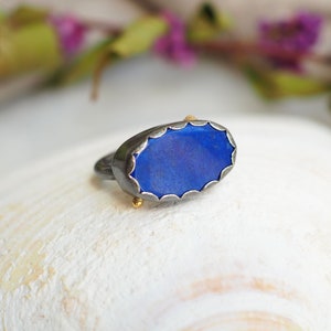 Large Lapis Ring, Oval Lapis Ring with Gold Dots, Lapis Statement Ring, Dark Silver Jewelry, Petal Ring, Lapis Lazuli Jewelry, Mixed Metal image 5