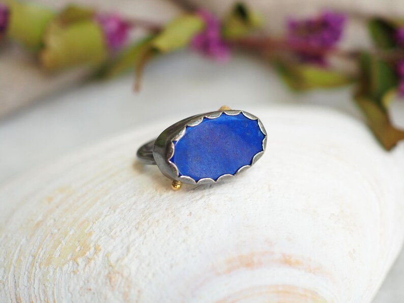 Large Lapis Ring, Oval Lapis Ring with Gold Dots, Lapis Statement Ring, Dark Silver Jewelry, Petal Ring, Lapis Lazuli Jewelry, Mixed Metal image 5