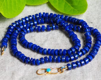 Lapis Lazuli Beaded Necklace, Candy Style Hand Knotted Silk, 18k Gold Clasp with Turquoise