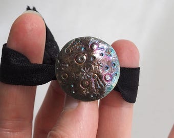 Unique Sterling Silver Decorative Cosmic Hair Tie, Hand Stamped Ponytail Holder with Elastic