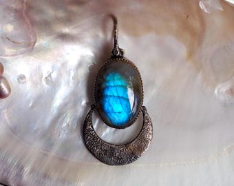 Large Sterling Silver Labradorite Crescent Moon Pendant