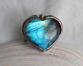 True Blue Labradorite Heart Ring with 14k Gold Orb