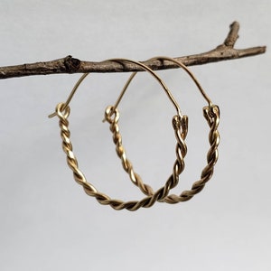 Solid 14k Gold Hoops, Hand Twisted Hoops, Medium Size Round Earrings, 14k Gold Earrings, Ancient Earrings, 1 inch Hoops, Handmade Gold Hoops image 5