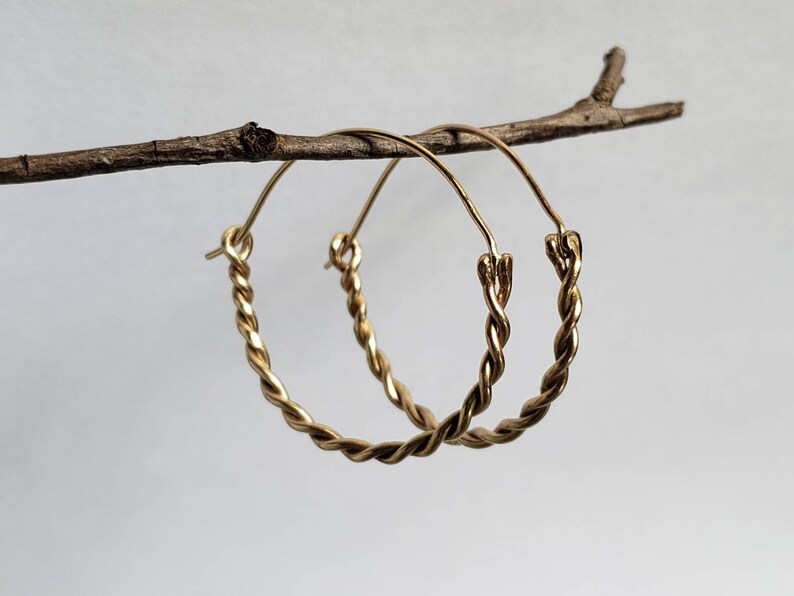 Solid 14k Gold Hoops, Hand Twisted Hoops, Medium Size Round Earrings, 14k Gold Earrings, Ancient Earrings, 1 inch Hoops, Handmade Gold Hoops image 5