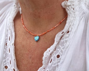 Japanese Pink Momo Coral & Lavender Turquoise Necklace