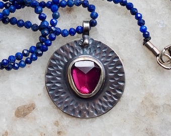 Hand Stamped Rhodolite Garnet Medallion Necklace