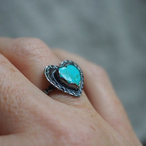 Turquoise Heart Ring, Silver Heart Ring, Stamped Heart Ring, Blue Heart, Kingman Turquoise, Dark Silver Ring, American turquoise, Love Ring image 6