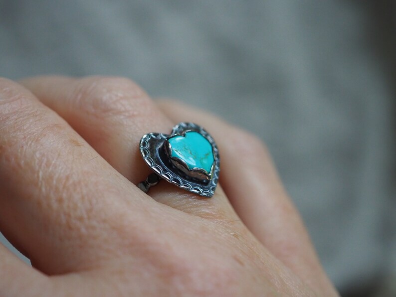 Turquoise Heart Ring, Silver Heart Ring, Stamped Heart Ring, Blue Heart, Kingman Turquoise, Dark Silver Ring, American turquoise, Love Ring image 6