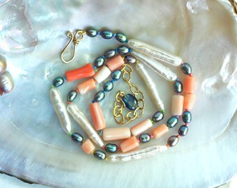 Mixed Pearl and Momo Coral 16-18" Necklace with Peacock and White Biwa Pearls Knotted on Rainbow Silk