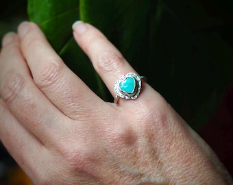 Hand Stamped Milagro Heart Ring with Turquoise, Sterling Silver with 14k Gold
