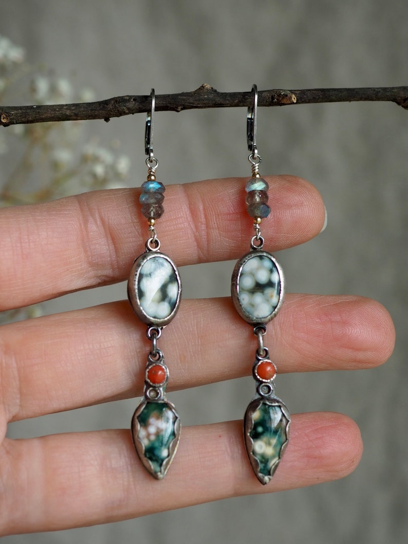 Long Ocean Jasper Earrings, Long Ocean Jasper Drops, Ocean Jasper Drop Earrings, Multi Stone Earrings, Long Drop Earrings, Nature Jewelry image 5