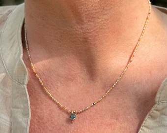 14k Sapphire Pendant with Hand Knotted Faceted Golden Zircon Beads