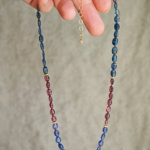 Multi Gem Necklace, Kyanite Garnet Tanzanite Tourmaline Ruby, Gold Gem Necklace, Candy Style Knotted Blue and Red Beads, Mixed Gem Necklace image 10