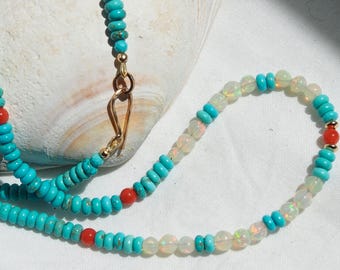 Kingman Turquoise, Red Coral & Ethiopian Opal 14k Gold Necklace