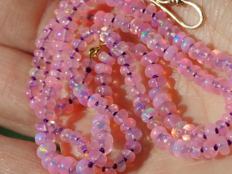 Pink Opal Necklace Gold Hand-Knotted Purple Silk, Candy Style Beads, Gem Candy Necklace, Rainbow Opal, Pastel Gem Beaded Layering Necklace image 2