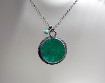 Large Green and Blue Malachite Sterling Silver Pendant with Turquoise Dangle