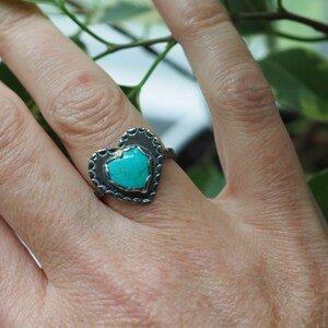 Turquoise Heart Ring, Silver Heart Ring, Stamped Heart Ring, Blue Heart, Kingman Turquoise, Dark Silver Ring, American turquoise, Love Ring image 2