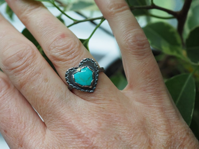 Turquoise Heart Ring, Silver Heart Ring, Stamped Heart Ring, Blue Heart, Kingman Turquoise, Dark Silver Ring, American turquoise, Love Ring image 2