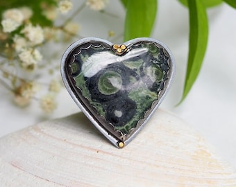 Starry Night Kambaba Fossil Jasper Heart Ring with Gold Dots