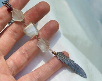 Aquamarine Crystal Necklace with Silver Feather Necklace