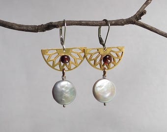 Art Deco Egyptian Revival Pearl and Garnet Mixed Metal Earrings