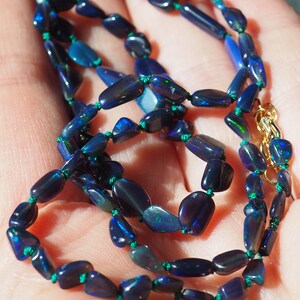 Opal Nugget Necklace Gold Hand-Knotted Silk, Candy Style Beads, Gem Candy Necklace, Graduated Black Opal, Dark Blue Opal Layering Necklace image 3