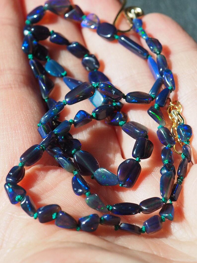 Opal Nugget Necklace Gold Hand-Knotted Silk, Candy Style Beads, Gem Candy Necklace, Graduated Black Opal, Dark Blue Opal Layering Necklace image 3