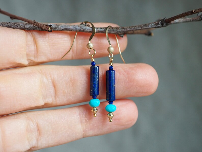 Lapis Lazuli Earrings, Lapis and Turquoise, Lapis Dangle, Drop Earrings with Gems, Lapis Turquoise Earrings, Gold Lapis Earrings, Blue Gem image 6