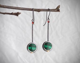 Malachite and Opal Pendulum Earrings with Gold Dots