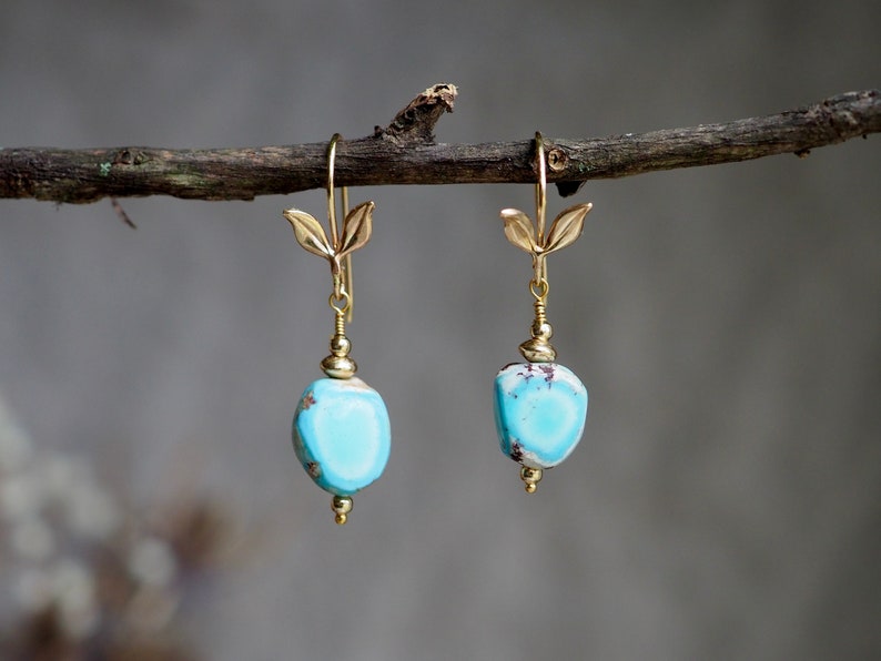 14k Turquoise Earrings, Golden Hills Turquoise Dangle, Lavender Turquoise Nugget, Small Dangle Earrings, Freeform Mismatched Gold Earrings image 2