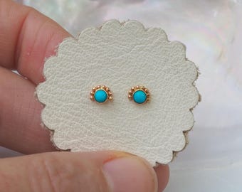 Solid 14k Gold Vibrant Blue Sleeping Beauty Turquoise Eye Stud Earrings
