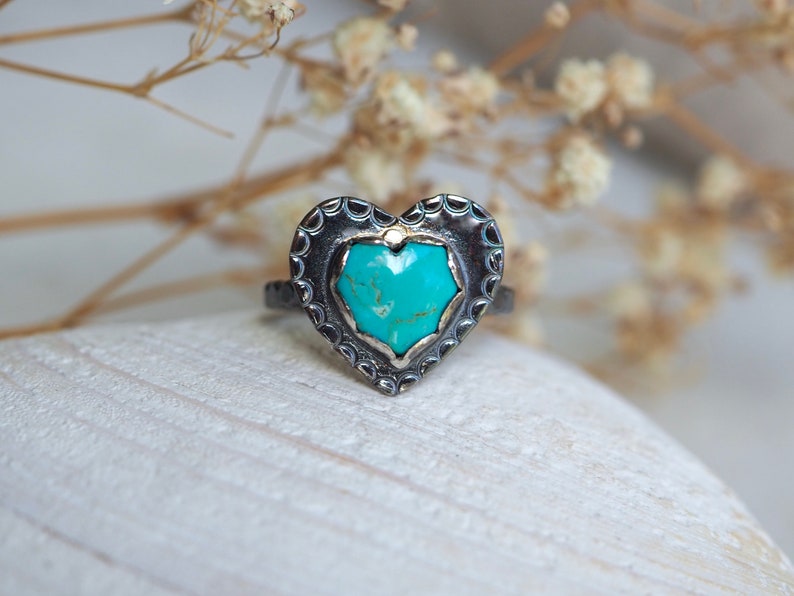 Turquoise Heart Ring, Silver Heart Ring, Stamped Heart Ring, Blue Heart, Kingman Turquoise, Dark Silver Ring, American turquoise, Love Ring image 4