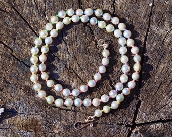 Natural Akoya Pearl Necklace Hand Knotted on Rainbow Silk