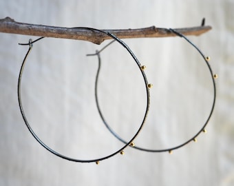 Large Silver and Gold Mixed Metal Thin Hoop Earrings, Textured Dark Silver 18k Gold Dots