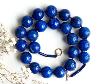 Large Lapis Lazuli Statement Necklace Hand-Knotted on Silk with Solid 14k Gold Clasp