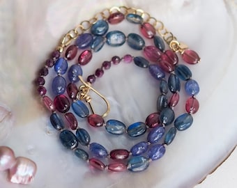 Multi Gem Hand Knotted Silk Necklace with Tanzanite, Tourmaline, Kyanite, Garnet and Ruby
