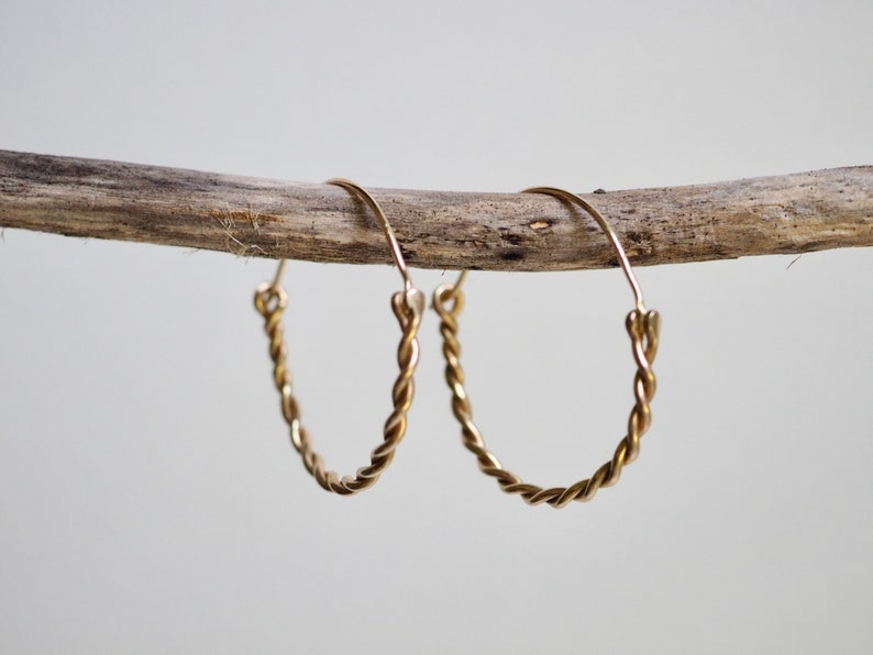 Solid 14k Gold Hoops, Hand Twisted Hoops, Medium Size Round Earrings, 14k Gold Earrings, Ancient Earrings, 1 inch Hoops, Handmade Gold Hoops image 7