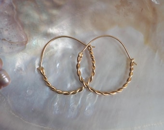 Solid 14k Gold Hand Twisted 1 Inch Gold Hoop Earrings,  Ancient Jewelry